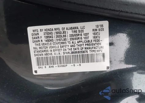 2006 Honda Odyssey Ex-L из США, поврежденный, VIN 5FNRL38686B053676